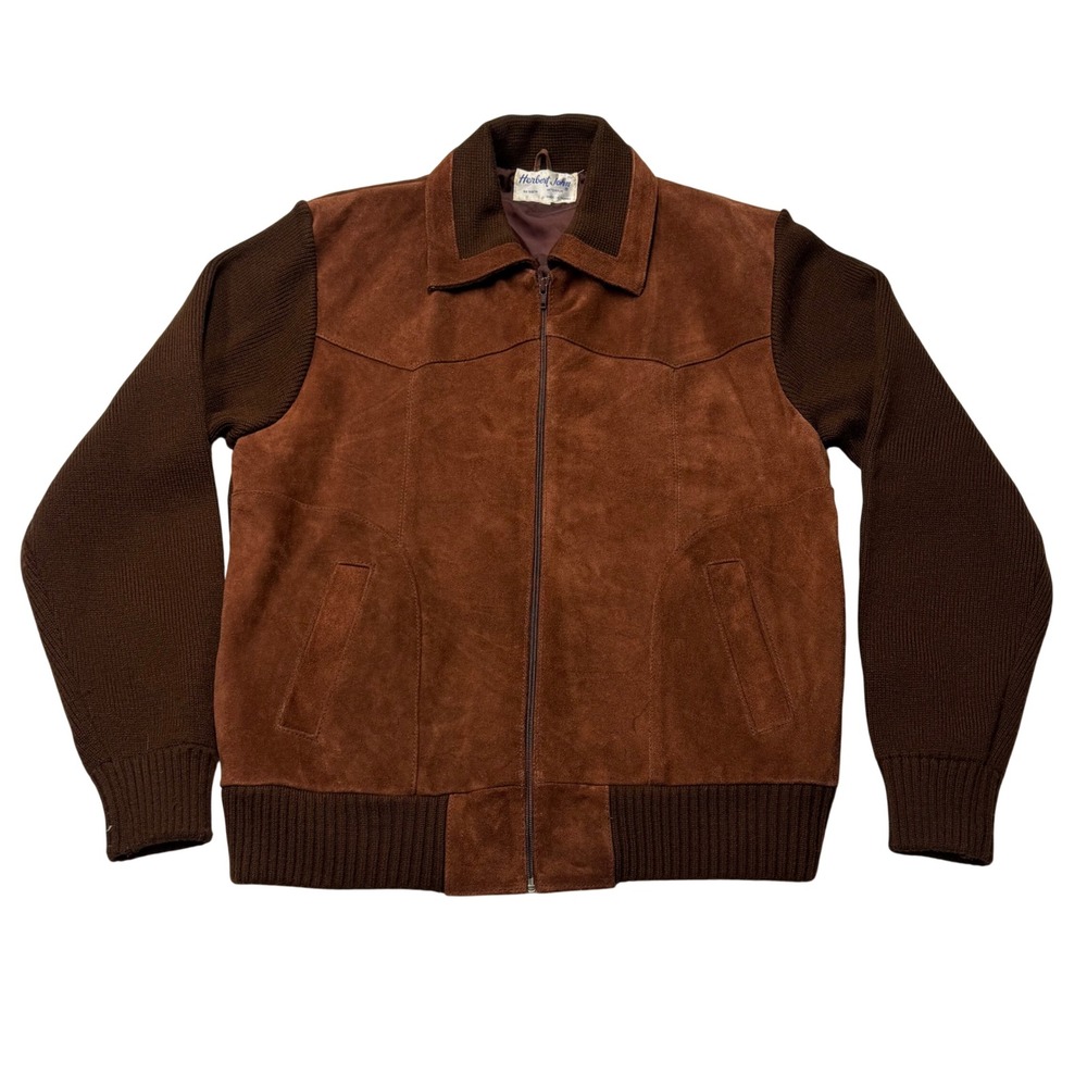 Vintage Herbert John Mens XL Suede Leather Knit Bomber Jacket Brown Western Zip